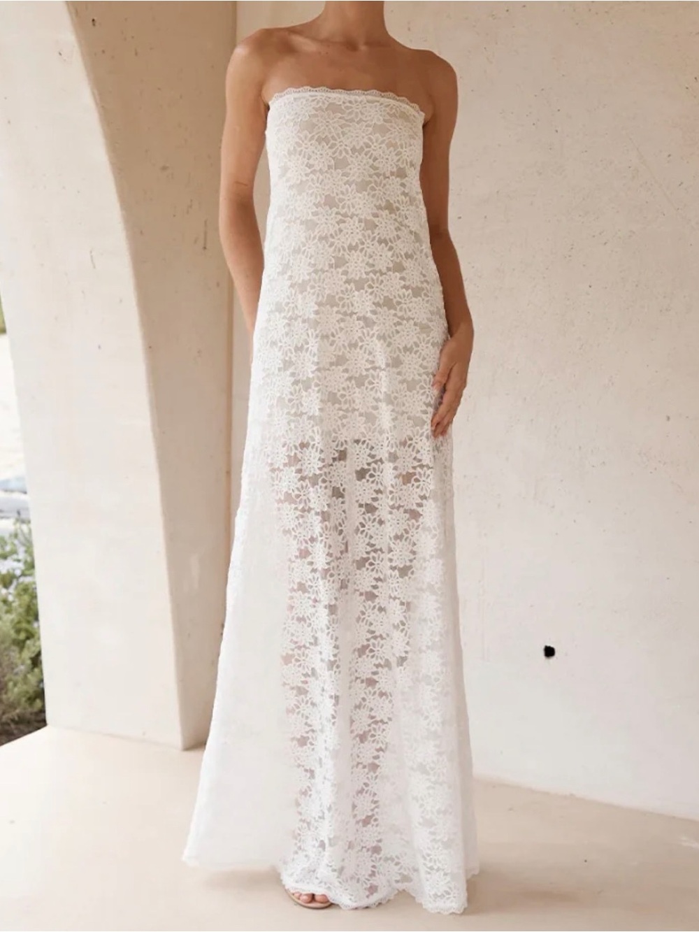 Strapless White Lace Maxi Dress